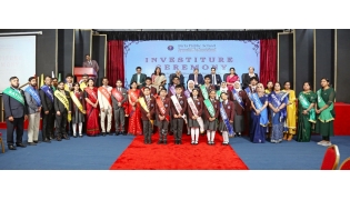 Principal Dr. Anand R. Nair, Vice Chairman Dr. Mohan Thomas, Director, C.V Rappai, Management Representatives along with the newly appointed Prefectorial Board, School House Captains, and Student Council members.