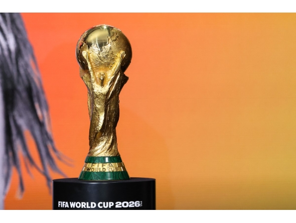 The 2026 FIFA World Cup winner's trophy is seen on stage at the 2026 World Cup halftime show announcement in New York City on May 14, 2026. (Photo by Charly Triballeau / AFP)
