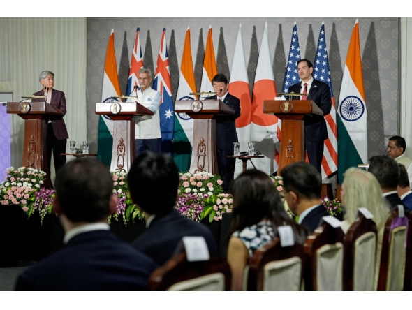 Australian Foreign Minister Penny Wong, India's Foreign Minister Subrahmanyam Jaishankar, Japan Foreign minister Toshimitsu Motegi and US Secretary of State Marco Rubio address a joint press conference after the Quad Foreign Ministers' meeting at the Hyderabad House in New Delhi . (Photo by Julia Demaree Nikhinson / POOL / AFP)