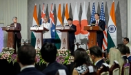 Australian Foreign Minister Penny Wong, India's Foreign Minister Subrahmanyam Jaishankar, Japan Foreign minister Toshimitsu Motegi and US Secretary of State Marco Rubio address a joint press conference after the Quad Foreign Ministers' meeting at the Hyderabad House in New Delhi . (Photo by Julia Demaree Nikhinson / POOL / AFP)