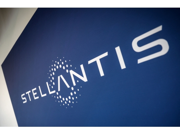 (Files) This photograph shows the Stellantis logo at the Stellantis multinational car manufacturer's plant in Poissy, west of Paris on April 16, 2026. (Photo by Simon Wohlfahrt / AFP)
