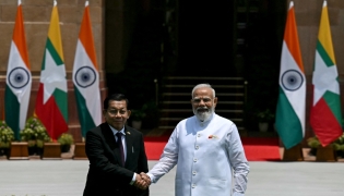 India's Prime Minister Narendra Modi (R) shakes hands with Myanmar's President Min Aung Hlaing before their meeting at the Hyderabad House in New Delhi on June 1, 2026. (Photo by Arun Sankar / AFP)