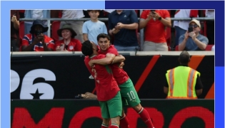 Morocco's Brahim Diaz celebrates with teammate Achraf Hakimi after scoring a goal against Norway during a friendly match on Sunday. (AFP)