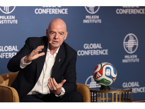 (Files) FIFA President Gianni Infantino speaks during the 29th annual Milken Institute Global Conference at the Beverly Hilton in Beverly Hills, California on May 5, 2026. (Photo by Patrick T. Fallon / AFP)