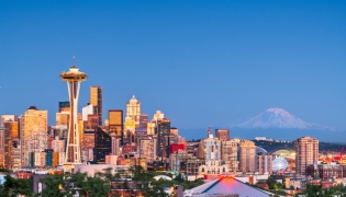 The Seattle skyline with Mount Rainier in the distance.