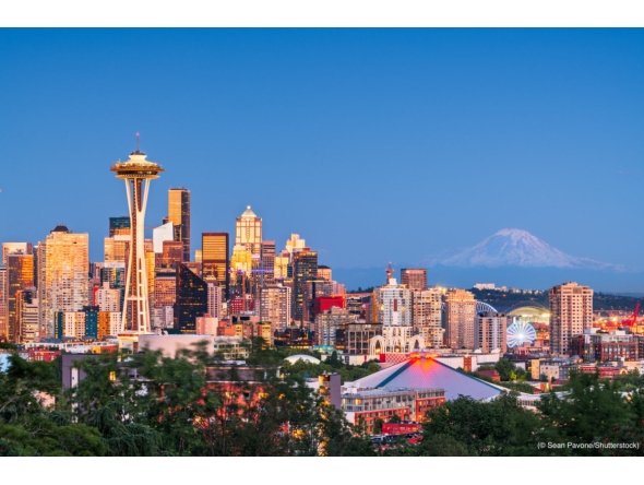 The Seattle skyline with Mount Rainier in the distance.
