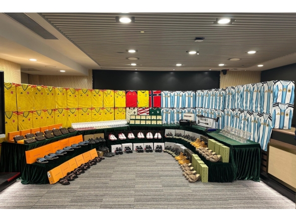This handout photo released on June 11, 2026, by the Hong Kong Customs and Excise Department shows suspected counterfeit football jerseys and other goods related to World Cup teams seized by authorities in Hong Kong. Photo by HANDOUT / HONG KONG CUSTOMS AND EXCISE DEPARTMENT / AFP
