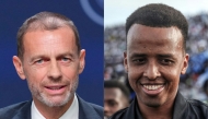 This combination of files pictures created on June 11, 2026 shows UEFA president Aleksander Ceferin addressing a press conference at the 50th UEFA Ordinary Congress in Brussels on February 12, 2026 and Somali international referee Omar Abdulkadir Artan reacting as he is welcomed by supporters ahead of a solidarity football match after returning to Somalia in Mogadishu on June 10, 2026. Photo by Pau BARRENA and Hassan Ali Elmi / AFP