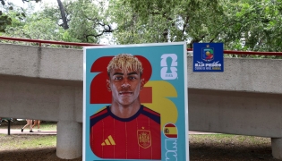A big Panini sticker depicting Spain's forward Lamine Yamal is pictured in San Pedro Garza Garcia on June 9, 2026. (Photo by Julio Cesar Aguilar / AFP)
