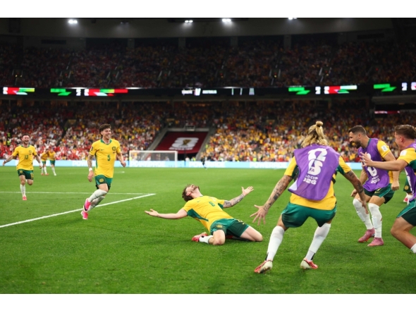 Connor Metcalfe #8 of Australia celebrates scoring his team's second goal during the FIFA World Cup 2026 Group D match between Australia and Türkiye at BC Place Vancouver on June 13, 2026 in Vancouver, British Columbia. (Photo by Dean Mouhtaropoulos /AFP)