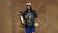 Jordan Clarkson #00 of the New York Knicks poses for a portrait after winning Game Five of the 2026 NBA Finals against the San Antonio Spurs on June 13, 2026 at Frost Bank Center in San Antonio, Texas. Photo by NATHANIEL S. BUTLER / NBAE / GETTY IMAGES / GETTY IMAGES VIA AFP
