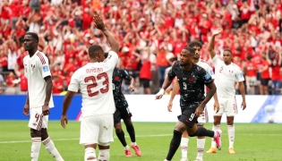 Cyle Larin #9 of Canada celebrates scoring his team's first goal during the FIFA World Cup 2026 Group B match between Canada and Qatar at BC Place Vancouver on June 18, 2026 in Vancouver, British Columbia. (Photo by Fran Santiago / GETTY IMAGES NORTH AMERICA / Getty Images via AFP)
