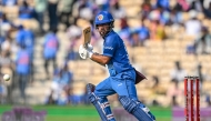Afghanistan's captain Hashmatullah Shahidi plays a shot during the third one-day international (ODI) cricket match between India and Afghanistan on June 20, 2026. (Photo by R.Satish Babu / AFP)