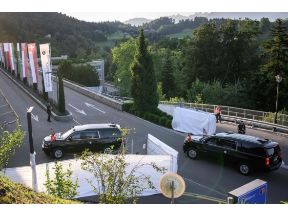 The motorcade transporting US Vice President JD Vance arrives at the Burgenstock luxury hotel complex overlooking Lake Lucerne, Switzerland, on June 21, 2026. (Photo by Fabrice Coffrini / AFP)