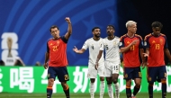 Spain's forward #21 Mikel Oyarzabal (L) celebrates after scoring his team's second goal during the 2026 World Cup Group H football match between Spain and Saudi Arabia at the Atlanta Stadium in Atlanta on June 21, 2026. (Photo by ROBERTO SCHMIDT / AFP)