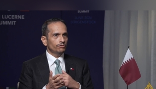Prime Minister and Minister of Foreign Affairs H E Sheikh Mohammed bin Abdulrahman bin Jassim Al-Thani speaking during the interview.