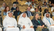 UDST President, Dr. Salem Al-Naemi, Director of the Non-Communicable Disease Prevention Programmes Department at the Ministry of Public Health, Sheikh Dr. Mohammed bin Hamad Al Thani, and WHO Country Director, Dr. Rayana Ahmad BouHaka with other officials attending the launch of EMHA programme yesterday.