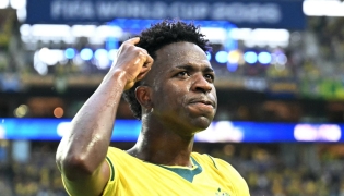 Brazil's forward #07 Vinicius Junior celebrates after scoring his team's second goal during the 2026 World Cup Group C football match between Scotland and Brazil at the Miami Stadium in Miami Gardens on June 24, 2026. (Photo by Chandan Khanna / AFP)