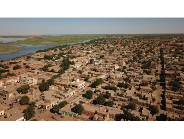 (FILES) An aerial image shows a general view of Gao, in Mali, on November 26, 2019.  (Photo by Souleymane AG ANARA / AFP)