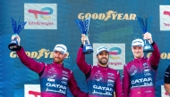 Team Qatar by Iron Lynx drivers Abdulla Al-Khelaifi, Julian Hanses and Maxime Martin celebrate on the podium after securing the second place in the LMGT3 category at the 4 Hours of Imola.