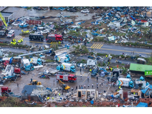 An aerial drone photo taken on July 7, 2026 shows a view of the tornado-hit area in Huanggang City, central China's hubei Province. Rescue operations have been underway since the city was hit by an EF2 tornado on Monday evening. (Xinhua/Wu Zhizun)