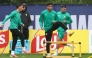 Morocco’s Bilal El Khannouss and Achraf Hakimi  (centre) take part in a training session. (PICS: AFP)