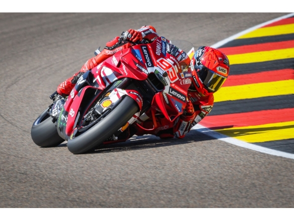 Team Ducati Lenovo Team's Marc Marquez steers his motorbike during a practice session at the Sachsenring race track in Hohenstein-Ernstthal, Germany, on July 10, 2026, ahead of the German Motorcycle MotoGP Grand Prix. (Photo by Ronny HARTMANN / AFP)
