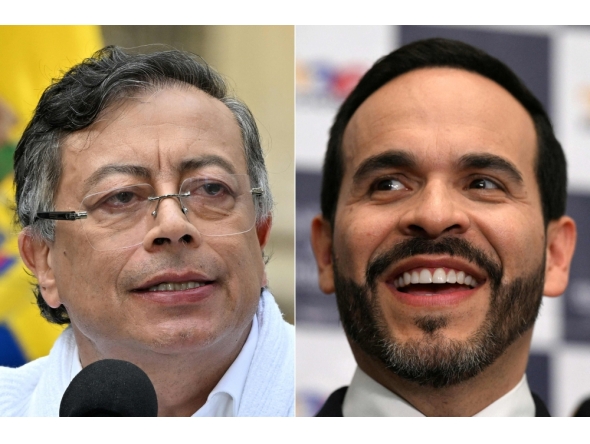 (FILES) (COMBO) This combination of file pictures created on July 07, 2026 shows Colombia's President Gustavo Petr (L) speaking after casting his vote during the presidential election in Bogota on May 31, 2026, and Colombia's presidential candidate Abelardo de la Espriella smiling during the presentation of his running mate Jose Manuel Restrepo at the Cali registration office in Cali, Colombia, on March 12, 2026.  (Photo by Luis Acosta and Joaquin Sarmiento/ AFP)