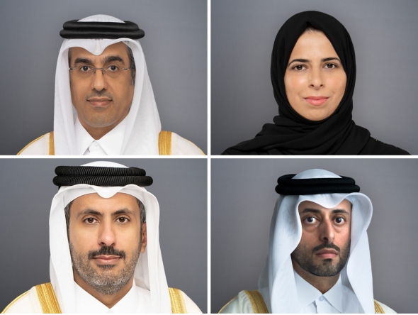 Clockwise from top left: Minister of Labour H E Dr. Ali bin Smaikh Al Marri, Minister of Education and Higher Education H E Lolwah bint Rashid bin Mohammed Al Khater, Minister of Municipality H E Abdullah bin Hamad bin Abdullah Al Attiyah and Minister of Commerce and Industry H E Sheikh Faisal bin Thani bin Faisal Al Thani.