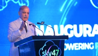 Prime Minister Muhammad Shehbaz Sharif addresses the inaugural ceremony of Sky47 in Rawalpindi. Image source: @GovtofPakistan on X