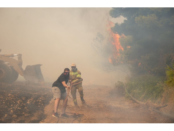 Volunteers and firefighters work to extinguish a wildfire in the Veniza area, west of Athens, in the Viotia region, on August 2, 2026. Photo by Aris Oikonomou / AFP