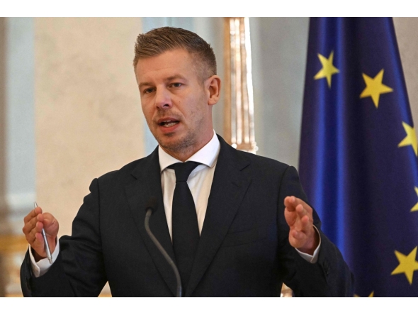 Hungary's Prime Minister Peter Magyar informs the press with the Speaker of the Hungarian Parliament at the presidential palace in Budapest, on August 3, 2026 on the government's handling of the heat wave and the energy crisis. (Photo by Attila KISBENEDEK / AFP)