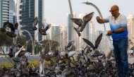 A man feeds pigeons on a lawn near high-rise buildings along the Doha corniche waterfront on August 4, 2026. (Photo by KARIM JAAFAR / AFP)
