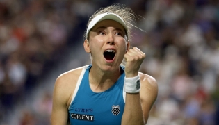 Ekaterina Alexandrova celebrates match point against Aryna sabalenka during day seven of the National Bank Open Presented by Rogers at Sobeys Stadium on August 08, 2026 in Toronto, Ontario. (Photo by Matthew Stockman/Getty Images/AFP