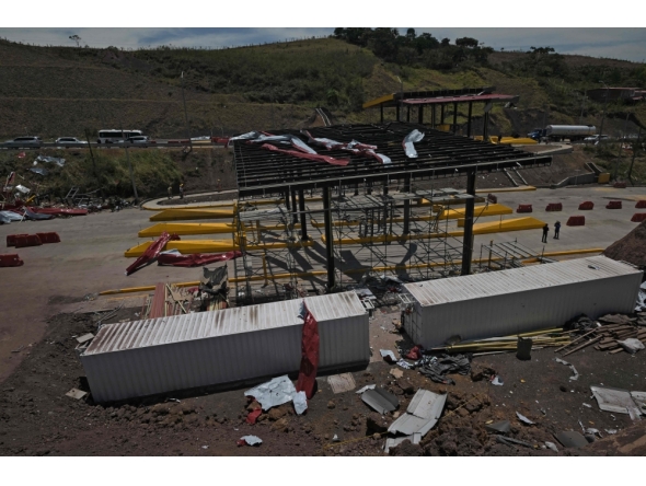 Aerial view after a toll plaza was attacked in Santander de Quilichao, Cauca department, Colombia, on August 8, 2026. (Photo by JOAQUIN SARMIENTO / AFP)