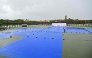 A general view shows covered ground as rain delays the start of play on second day of the first Test cricket match between Sri Lanka and India at the Galle International Stadium in Galle on August 16, 2026. (Photo by Ishara S. KODIKARA / AFP)