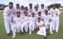 Bangladesh players pose for a photo after their team's victory on the fourth day of the first cricket Test match between Australia and Bangladesh at Marrara Stadium in Darwin on August 16, 2026. (Photo by William WEST / AFP)