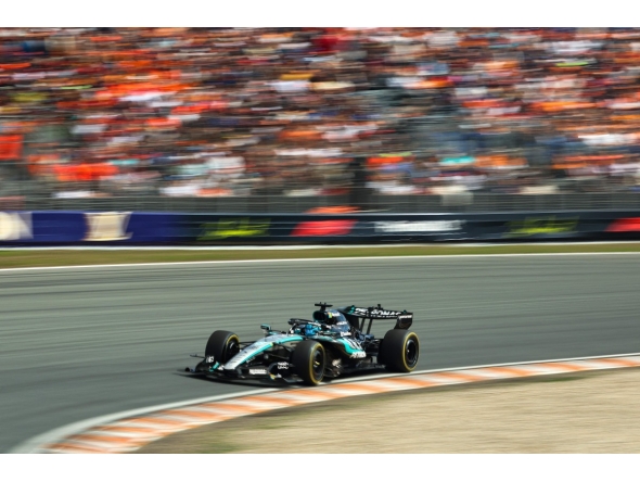 Mercedes' British driver George Russell drives during the sprint race ahead of the Formula One Dutch Grand Prix at The Circuit Zandvoort, western Netherlands, on August 22, 2026. (Photo by SIMON WOHLFAHRT / AFP)