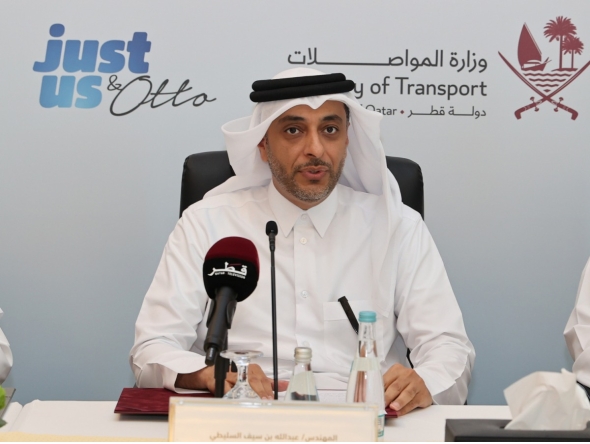 Assistant Undersecretary for Land Transport Affairs Eng. Abdullah Saif Al-Sulaiti speaking during the press briefing.