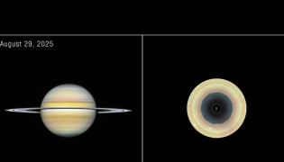 Side-by-side comparison of two views of the gas giant Saturn, labeled “August 29, 2025” at the top left corner. At left is a straight-on view of Saturn, a globe with pale yellow horizontal bands at the equator and orange and pink at the mid-latitudes. Some bands towards the north and south pole have a light blue hue. There are prominent horizontal rings circling at the equator. At right, labeled “Saturn’s south pole,” the south-polar view of Saturn shows concentric bands in its atmosphere, mostly tan and orange, surrounding a dark central region that has a 10-sided outline. A small, dashed circle at the very centre of the pole with an “X” inside denotes missing data. ( Photo from NASA, ESA, STScI, A. Sánchez-Lavega (University of the Basque Country), A. Simon (NASA-GSFC), M. Wong (UC Berkeley); Image Processing: A. Pagan (STScI)