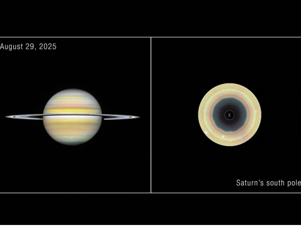 Side-by-side comparison of two views of the gas giant Saturn, labeled “August 29, 2025” at the top left corner. At left is a straight-on view of Saturn, a globe with pale yellow horizontal bands at the equator and orange and pink at the mid-latitudes. Some bands towards the north and south pole have a light blue hue. There are prominent horizontal rings circling at the equator. At right, labeled “Saturn’s south pole,” the south-polar view of Saturn shows concentric bands in its atmosphere, mostly tan and orange, surrounding a dark central region that has a 10-sided outline. A small, dashed circle at the very centre of the pole with an “X” inside denotes missing data. ( Photo from NASA, ESA, STScI, A. Sánchez-Lavega (University of the Basque Country), A. Simon (NASA-GSFC), M. Wong (UC Berkeley); Image Processing: A. Pagan (STScI)