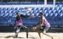 Qatar’s Cherif Younousse (left) and Ahmed Tijan in action during their match yesterday. 