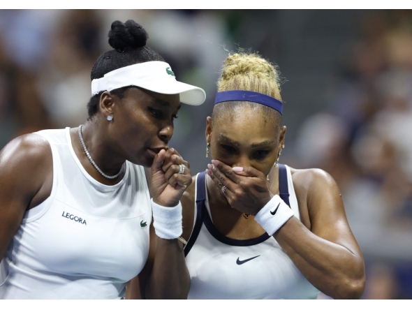 Venus Williams and Serena Williams of the United States in their Women's Doubles match against Hao-Ching Chan of Taiwan and Maya Joint of Australia on Day Six of the 2026 US Open at USTA Billie Jean King National Tennis Center on September 04, 2026 in the Flushing neighborhood of the Queens borough of New York City. Julian Finney/Getty Images/AFP (Photo by JULIAN FINNEY / GETTY IMAGES NORTH AMERICA / Getty Images via AFP)