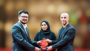 Iyad Hudaib (right) Senior Marketing Manager at Doha Festival City, and Saifali Althaf (left), Marketing Coordinator at Doha Festival City, accept the ‘Best Mall’ award from Jazmine Sheikh (center), Festivals and Events Delivery Project Head at Qatar Tourism, during a special ceremony celebrating the success of the Hala Summer Shopping Festival.