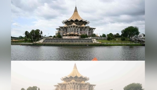(COMBO) A combination image of two photographs created on September 5, 2026 shows the Sarawak Legislative Assembly building in Kuching, capital of the Malaysian state of Sarawak on the island of Borneo on June 17, 2025 (top), and the same building shrouded in haze on September 5, 2026 (bottom). Indonesia has for weeks been fighting wildfires blanketing parts of Borneo and Sumatra with smog, with haze also contributing to air pollution in Malaysia, Singapore, and the Philippines. (Photo by Mohd Rasfan / AFP)