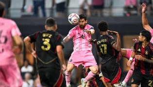 Inter Miami's Argentine forward #10 Lionel Messi goes up for a header during a Major League Soccer (MLS) regular season football match between Inter Miami CF and Atlanta United FC at Nu Stadium in Miami, Florida, on September 5, 2026. (Photo by CHANDAN KHANNA / AFP)