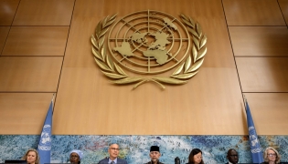 UN High commissioner for Human Rights Volker Turk (3rd L) delivers his speech during the 63rd session of United Nations (UN) Human Rights Council, in Geneva, on September 7, 2026. T(Photo by Fabrice COFFRINI / AFP)
 