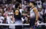 Carlos Alcaraz of Spain shakes hands after a loss against Ben Shelton of the United States during their Men's Singles Quarterfinal match on Day Ten of the 2026 US Open at USTA Billie Jean King National Tennis Center on September 08, 2026 in the Flushing neighborhood of the Queens borough of New York City. (Matthew Stockman/Getty Images/AFP)
