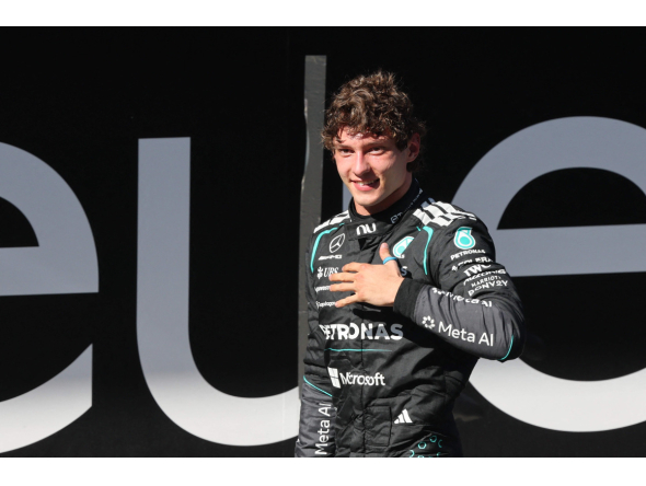 Mercedes' Italian driver Kimi Antonelli celebrates winning the Spanish Formula One Grand Prix at the Madring circuit on September 13, 2026 in Madrid. (Photo by Thomas COEX / AFP)