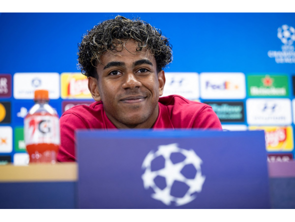 Barcelona's forward Lamine Yamal holds a press conference after a training session at the Joan Gamper training ground in Sant Joan Despi, near Barcelona, on September 8, 2026 on the eve of the UEFA Champions League first round day 1 football match against Feyenoord. (Photo by Josep LAGO / AFP)
